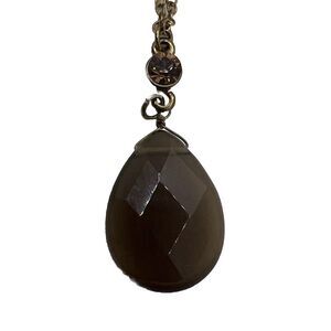 Vintage Costume Jewelry Smoky Brown Quartz‎ Tear Drop Pendant With Gold Necklace